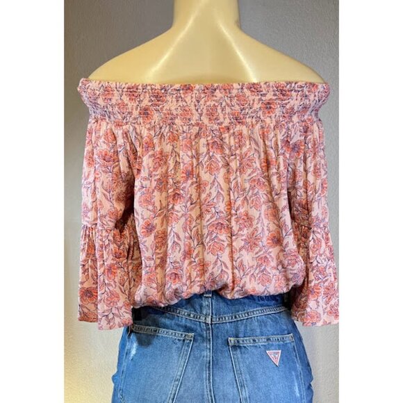 🎩🗝️ NWT $49Chelsea & Violet Boho Coral Floral Off-the-shoulder Top Size XS - Picture 2 of 5